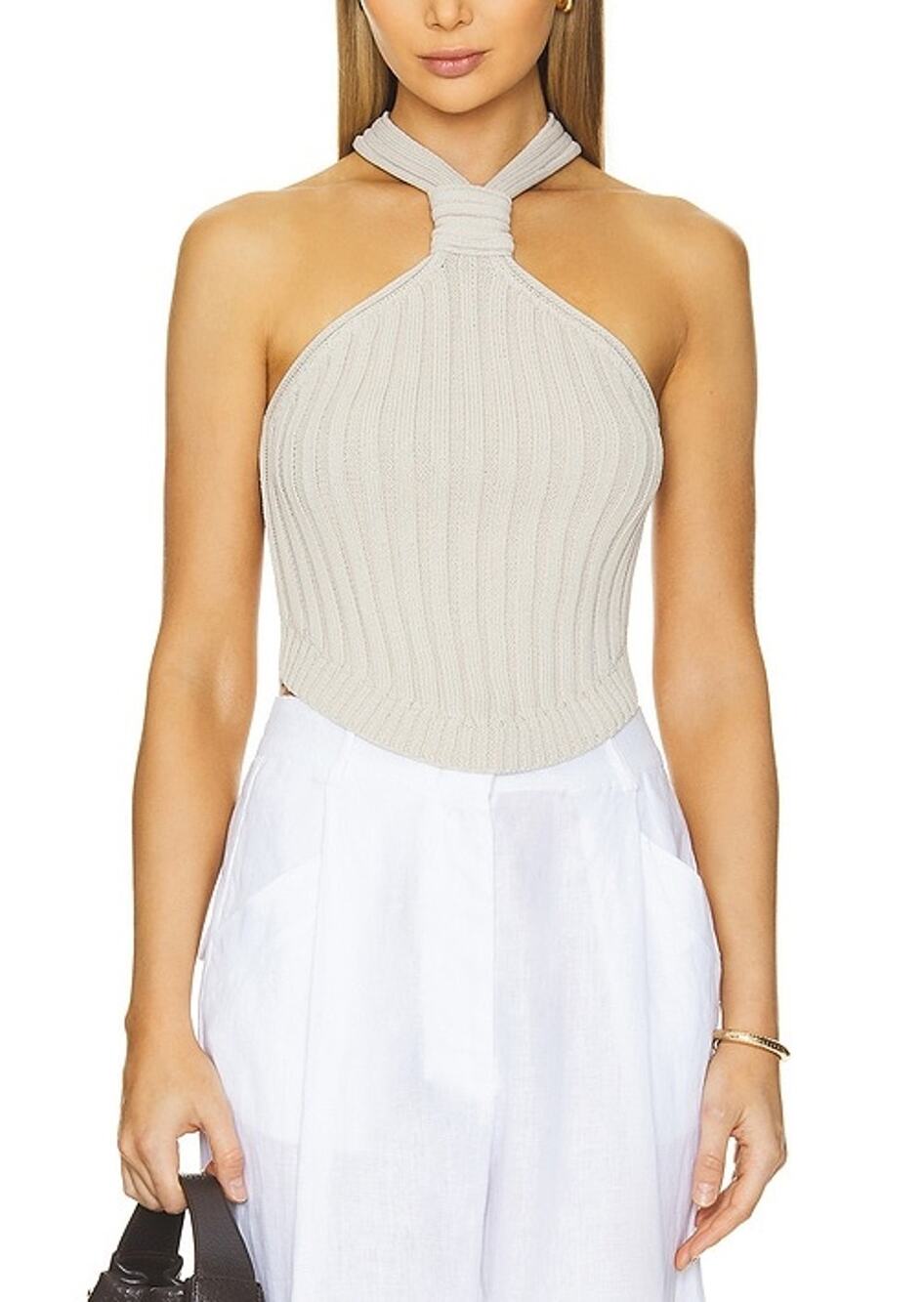 Line & Dot Ribbed Tan Leena Halter Top Size L